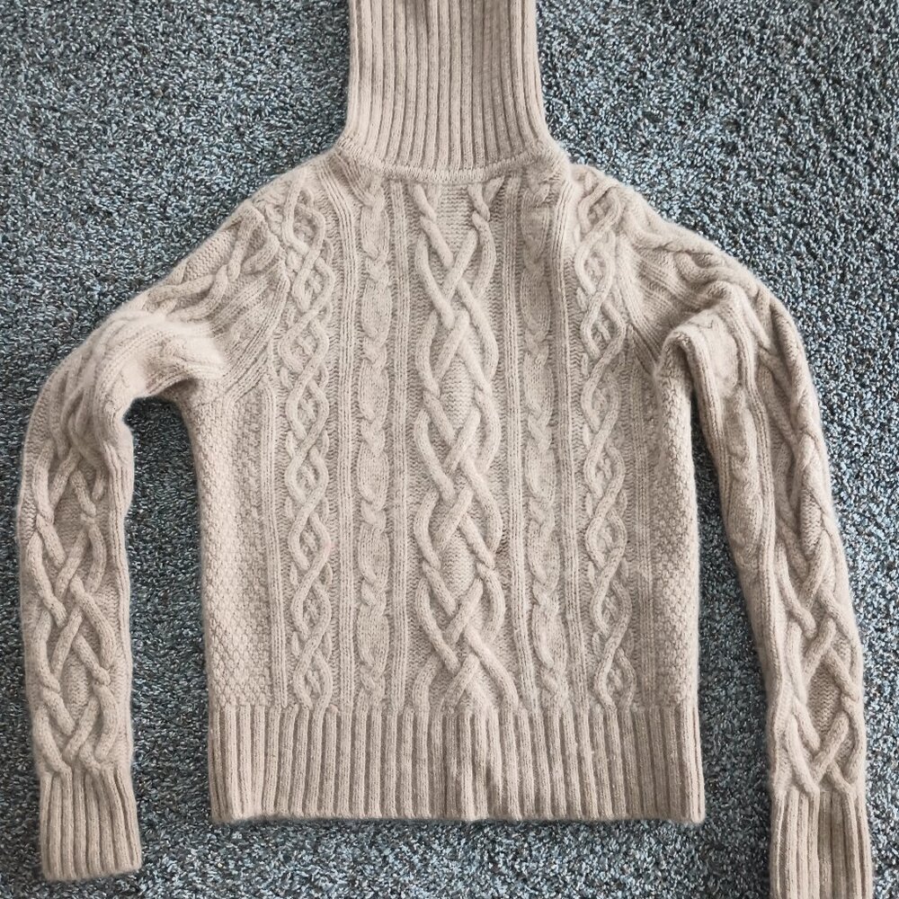 Lands' End Cable Cashmere Turtleneck Sweater, Camel, EUC, Size M